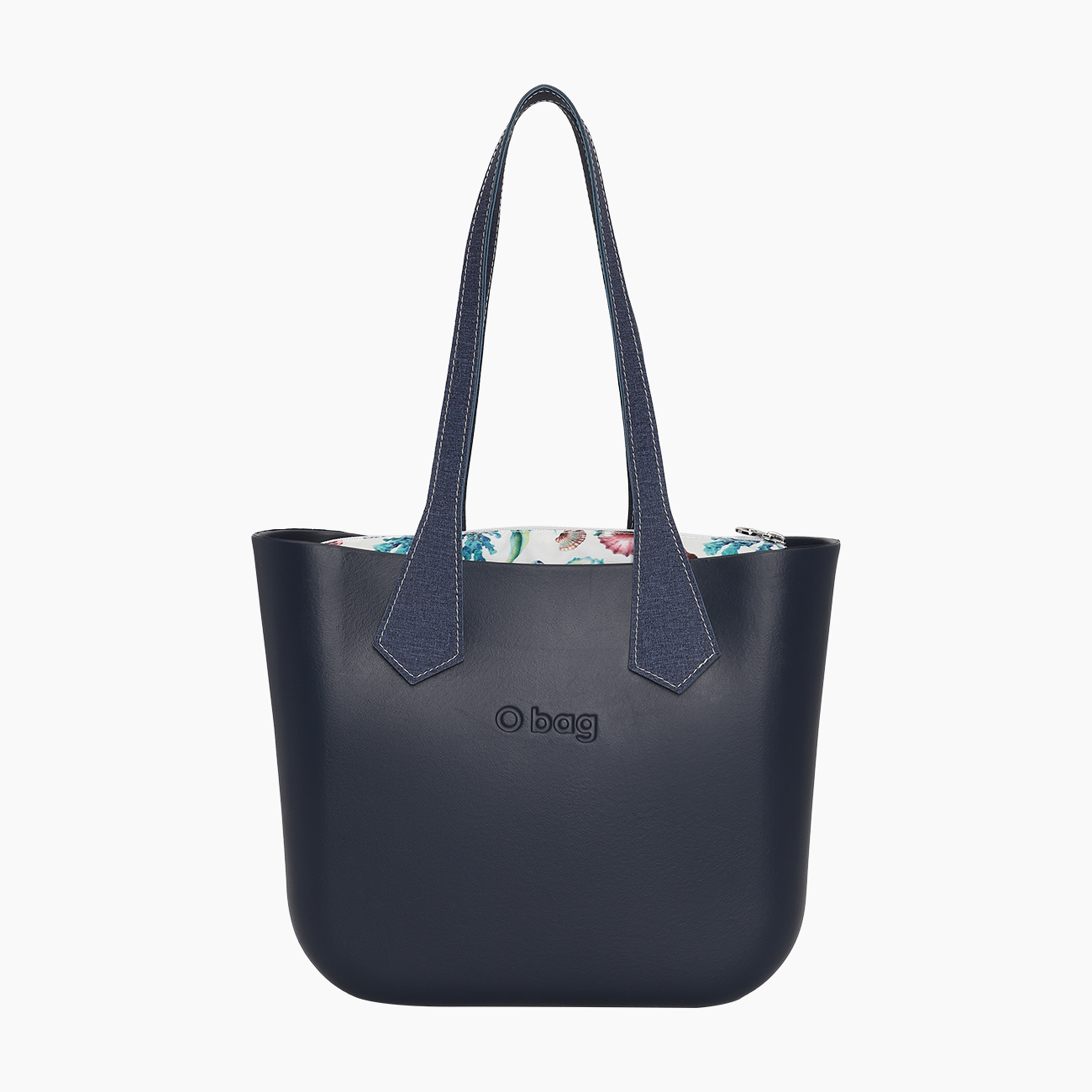 Borsa composta O bag mini manico lungo punta impunture cerato e sacca tessuto cavalluccio marino blu navy