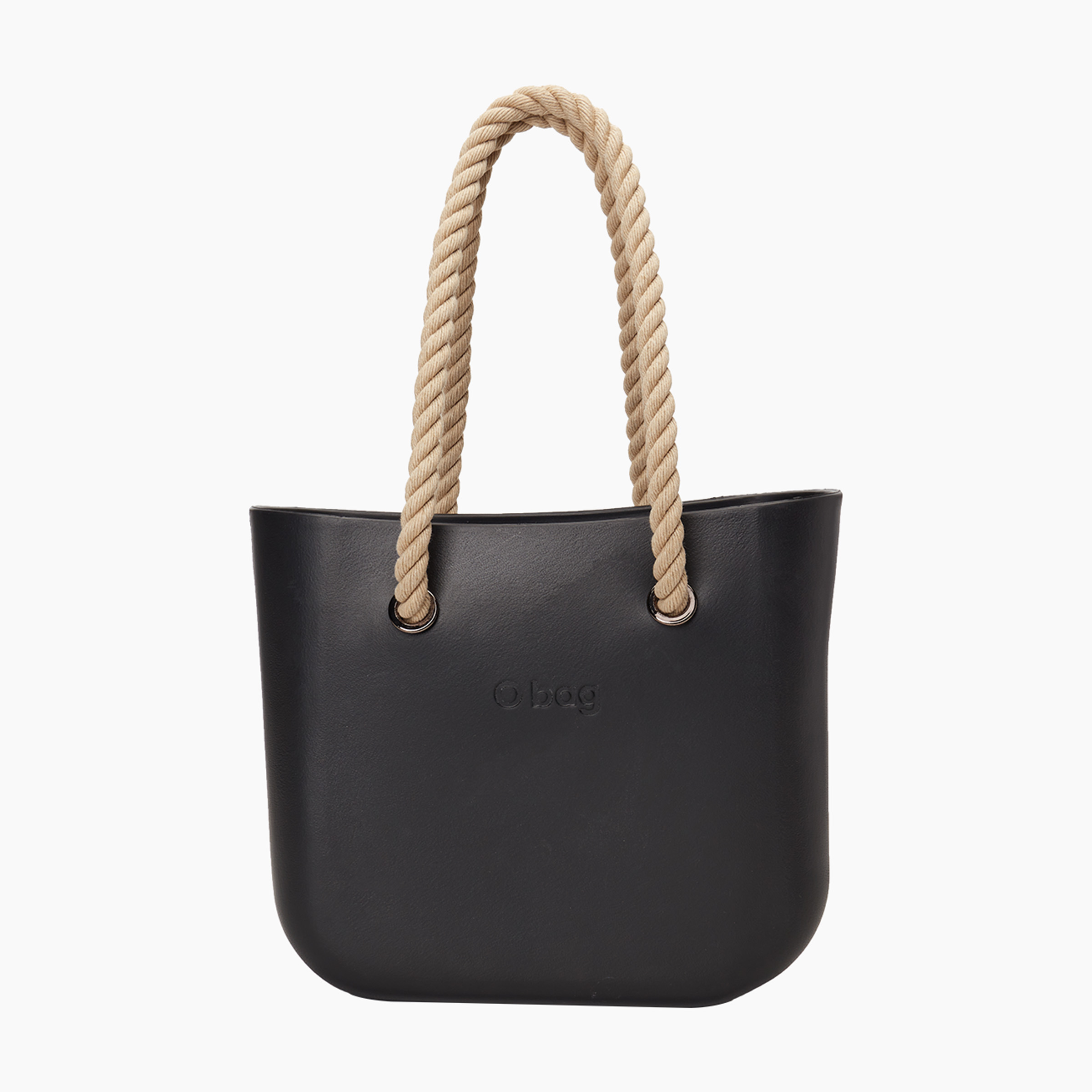 O bag mini con manico lungo in corda e sacca tessuto canvas