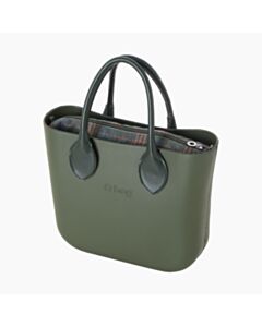 O bag mini con manico corto a cuore e sacca tessuto scottish