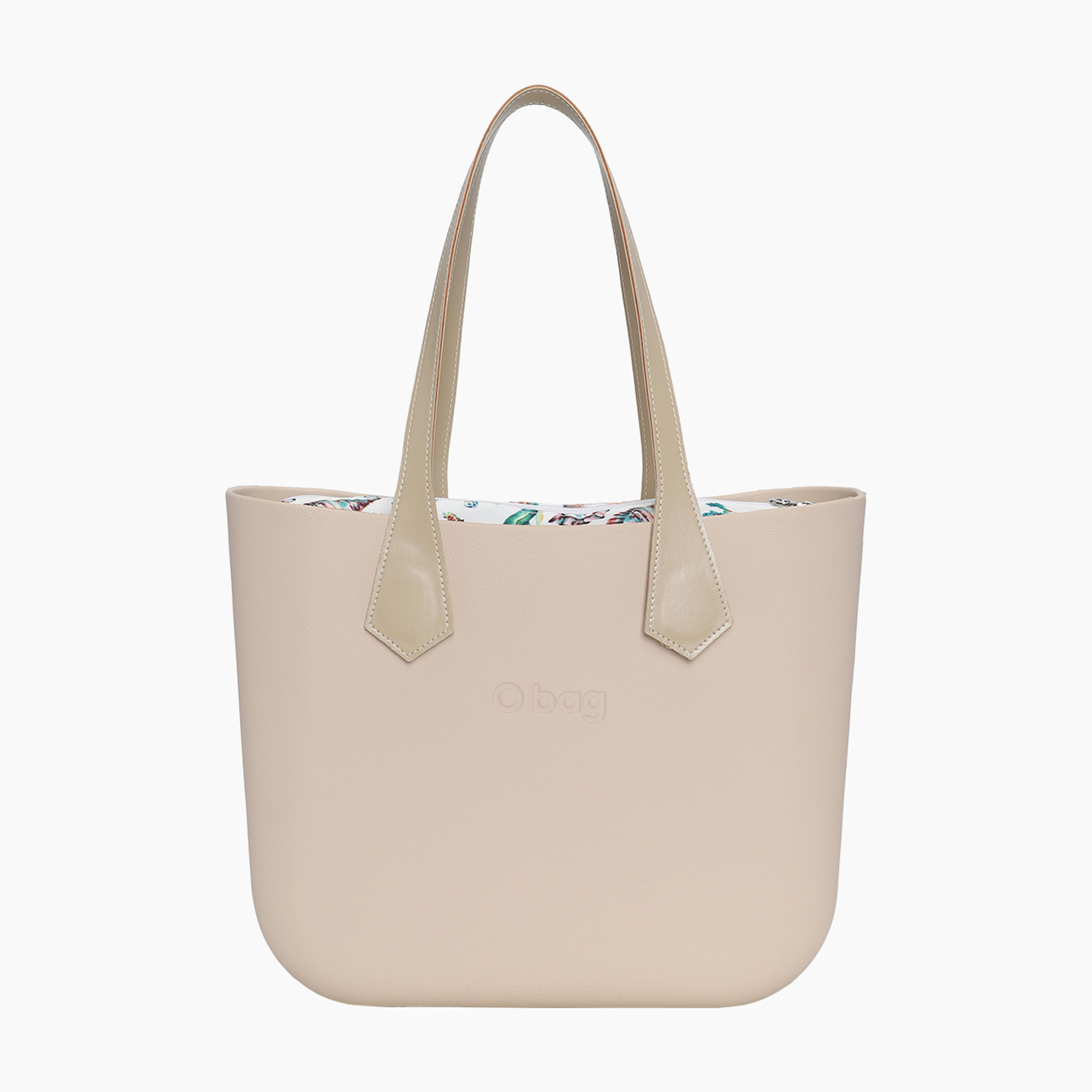 Zusammengesetzte O bag Tasche mit langem, spitzem Henkel mit Ziernähten aus Nappaleder und Innenbeutel mit Seepferdchenmotiv in Sandfarbe - O bag Official Website