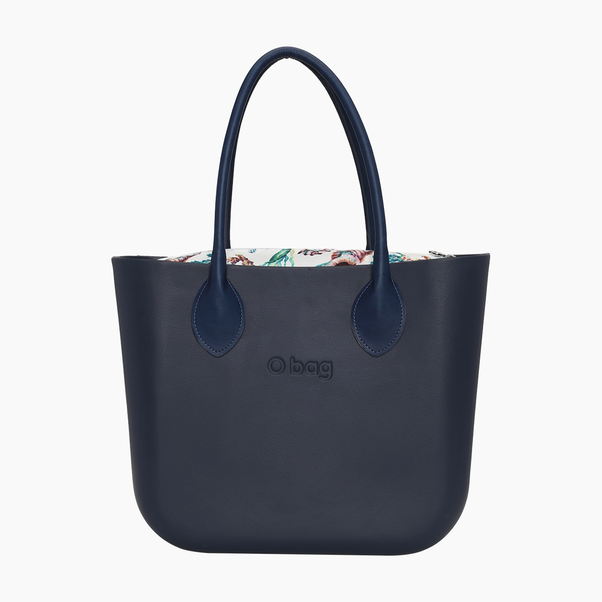 Borsa composta O bag manico lungo cuore tessuto sintetico texture e sacca cavalluccio marino blu navy - O bag Official Website