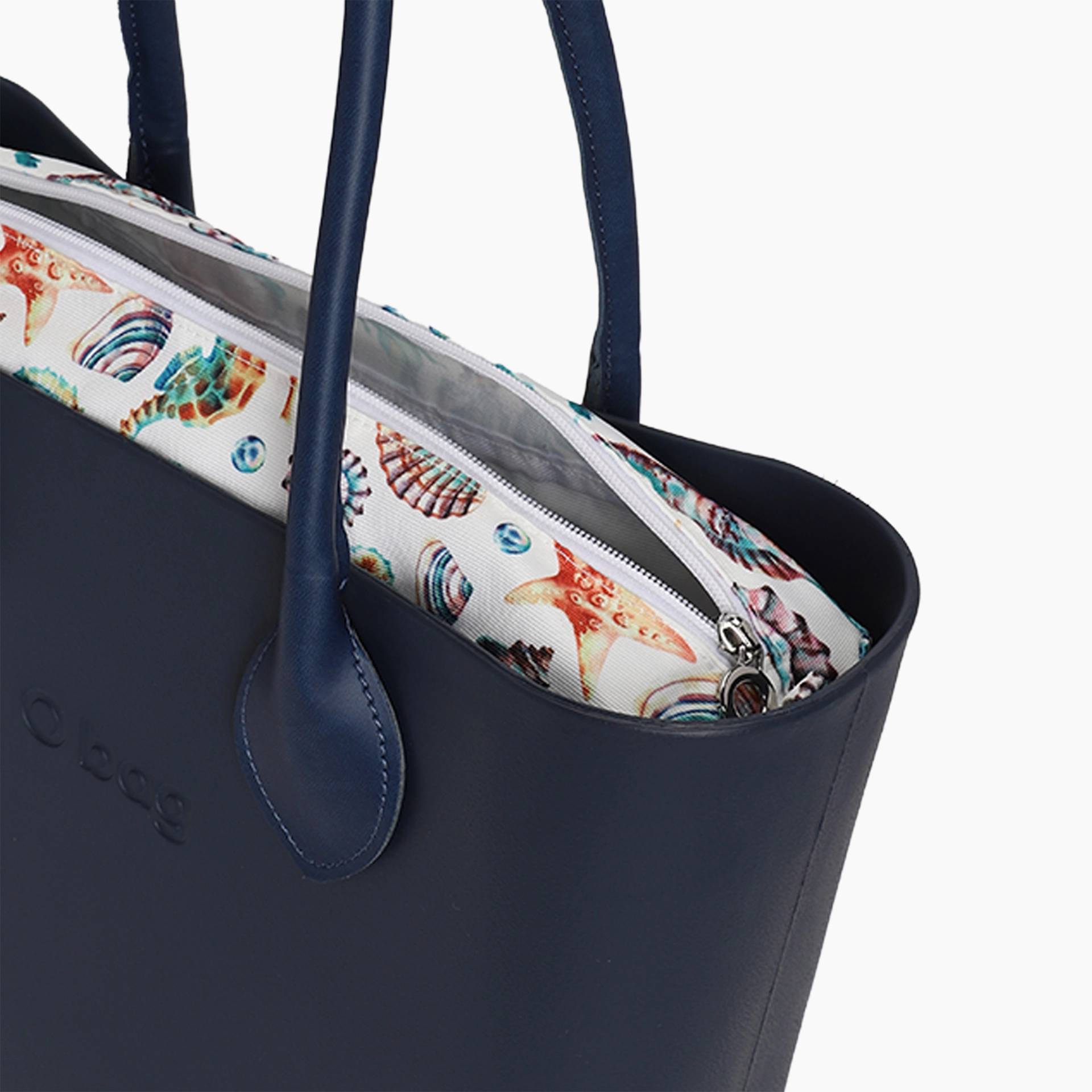 Borsa composta O bag manico lungo cuore tessuto sintetico texture e sacca cavalluccio marino blu navy - O bag Official Website