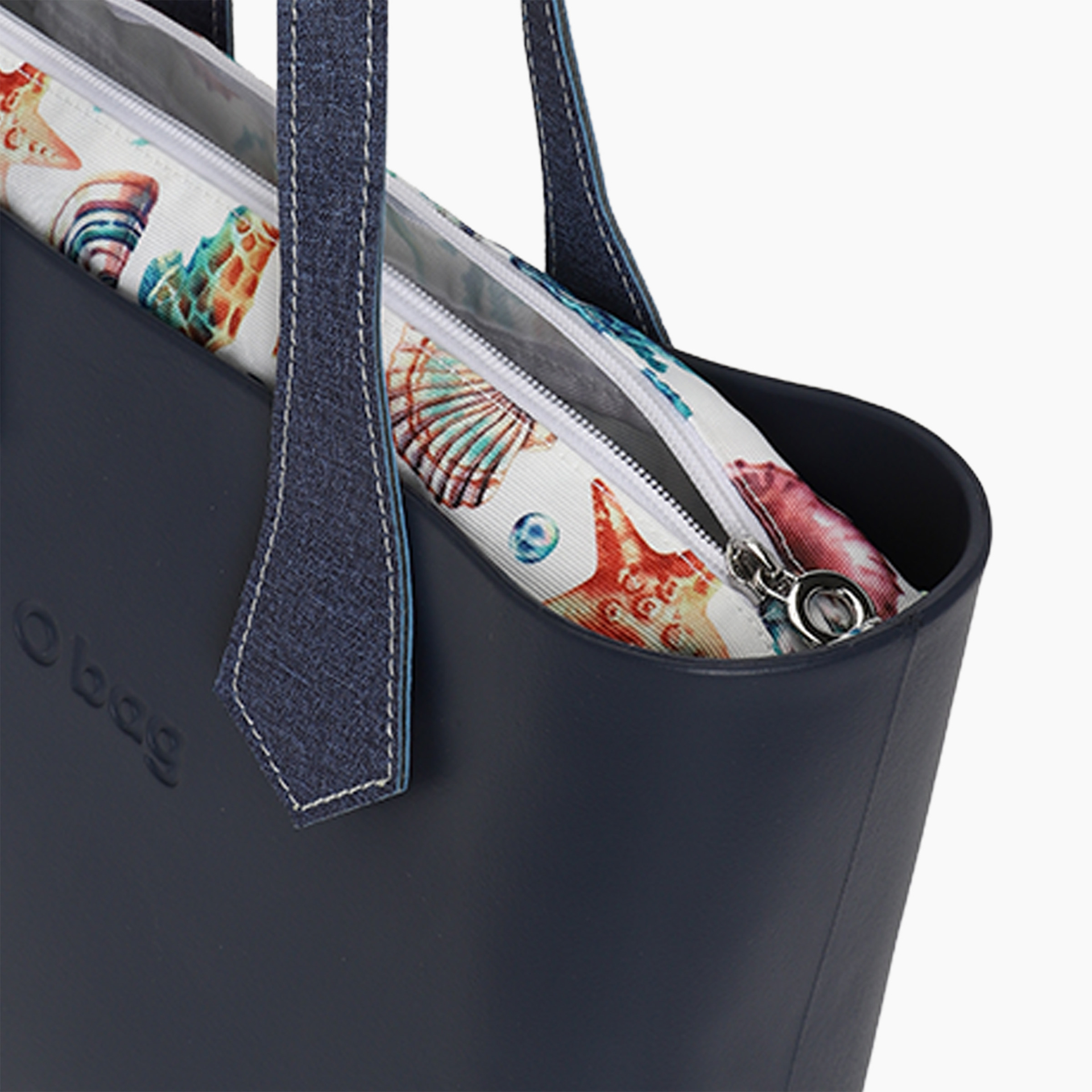 Borsa composta O bag mini manico lungo punta impunture cerato e sacca tessuto cavalluccio marino blu navy - O bag Official Website