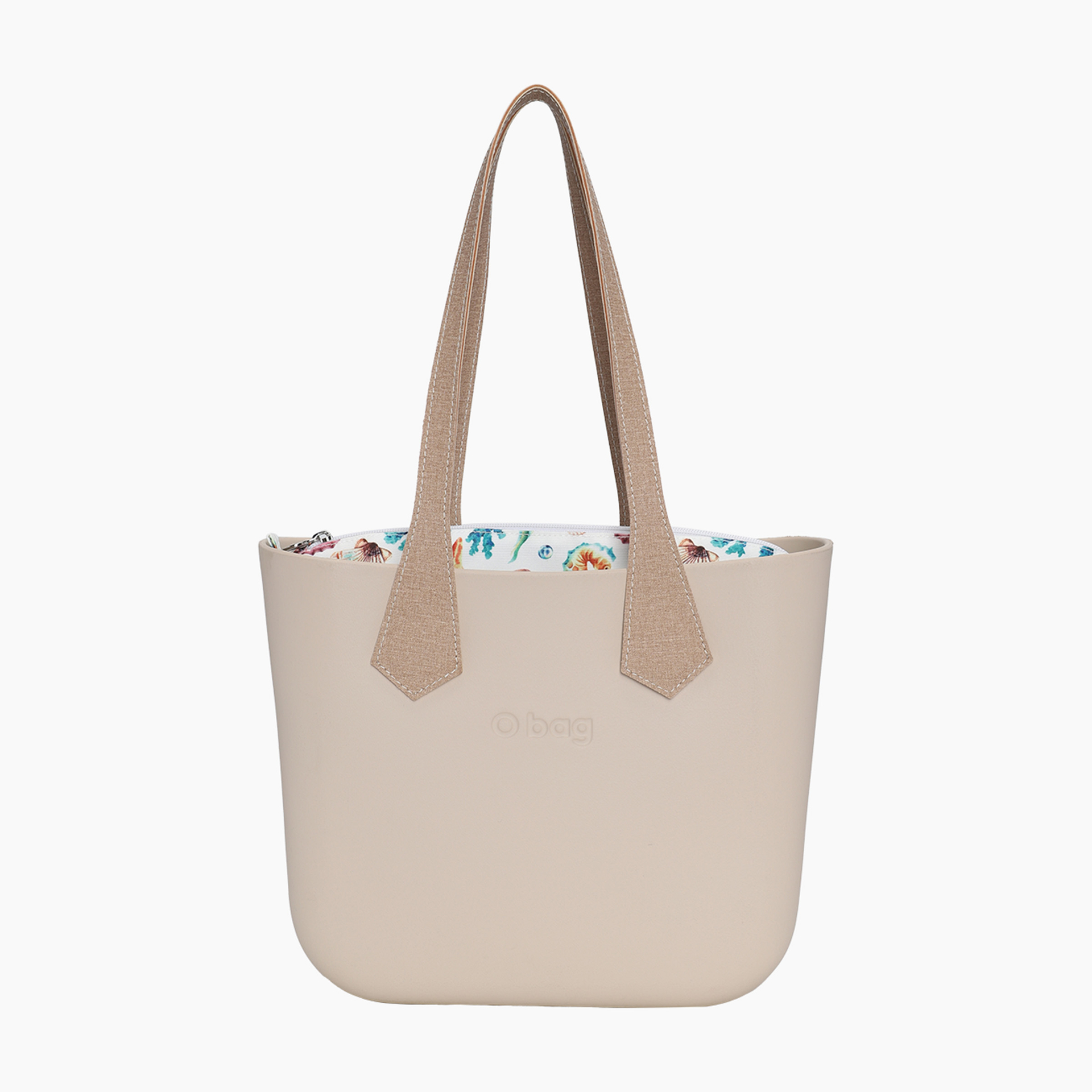 Borsa composta O bag mini manico lungo punta impunture cerato e sacca tessuto cavalluccio marino sabbia - O bag Official Website