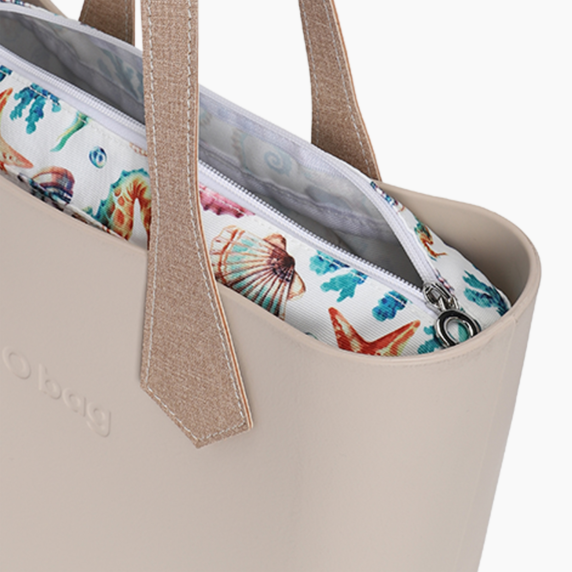 Borsa composta O bag mini manico lungo punta impunture cerato e sacca tessuto cavalluccio marino sabbia - O bag Official Website