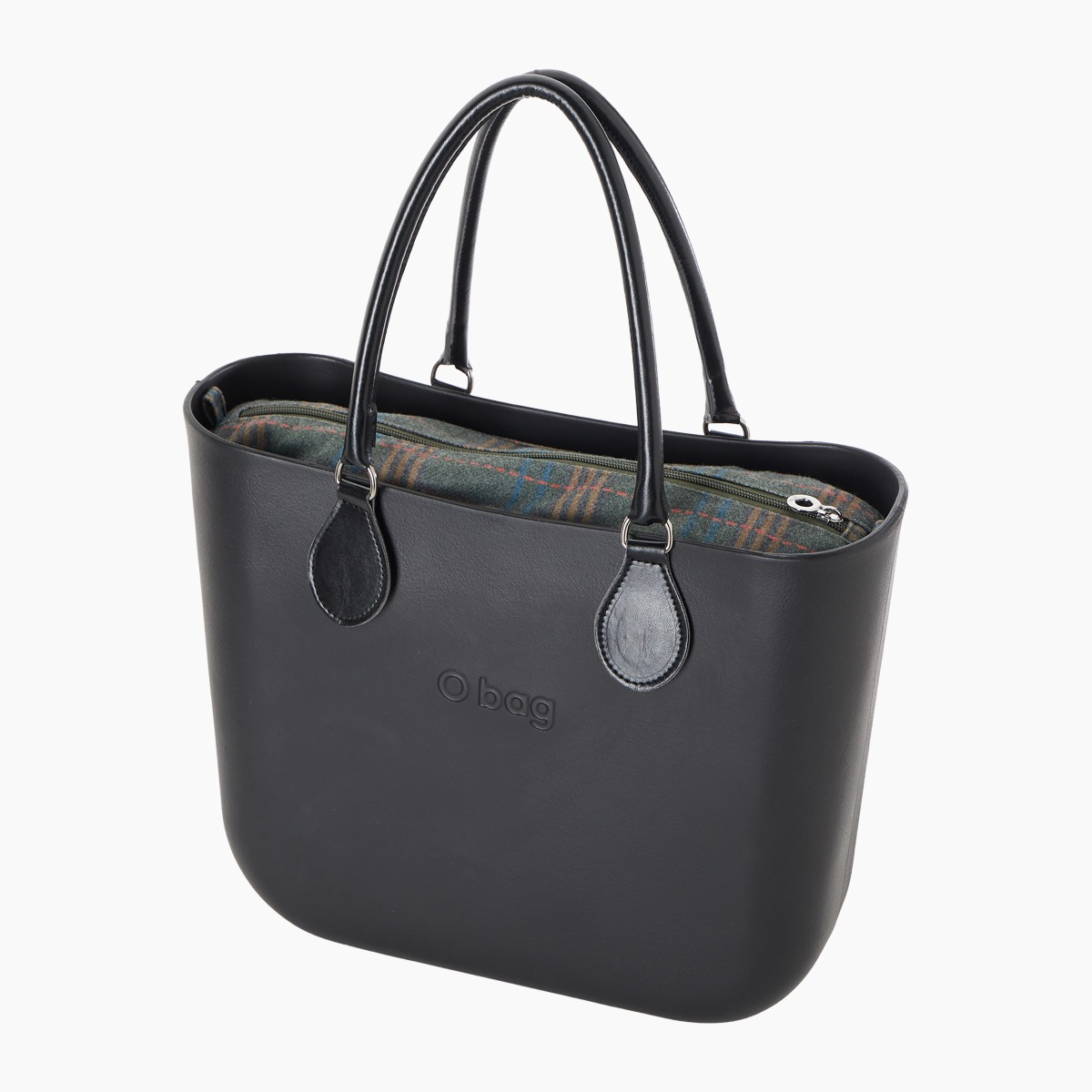 O bag con asa midi con aro y bolsa de tejido escocés - O bag Official Website