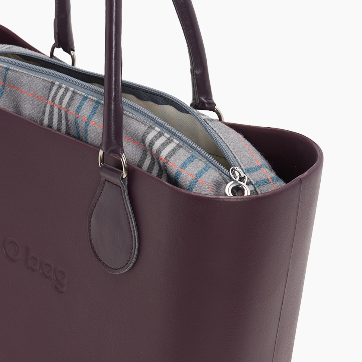 O bag con asa midi con aro y bolsa de tejido escocés oscuro - O bag Official Website