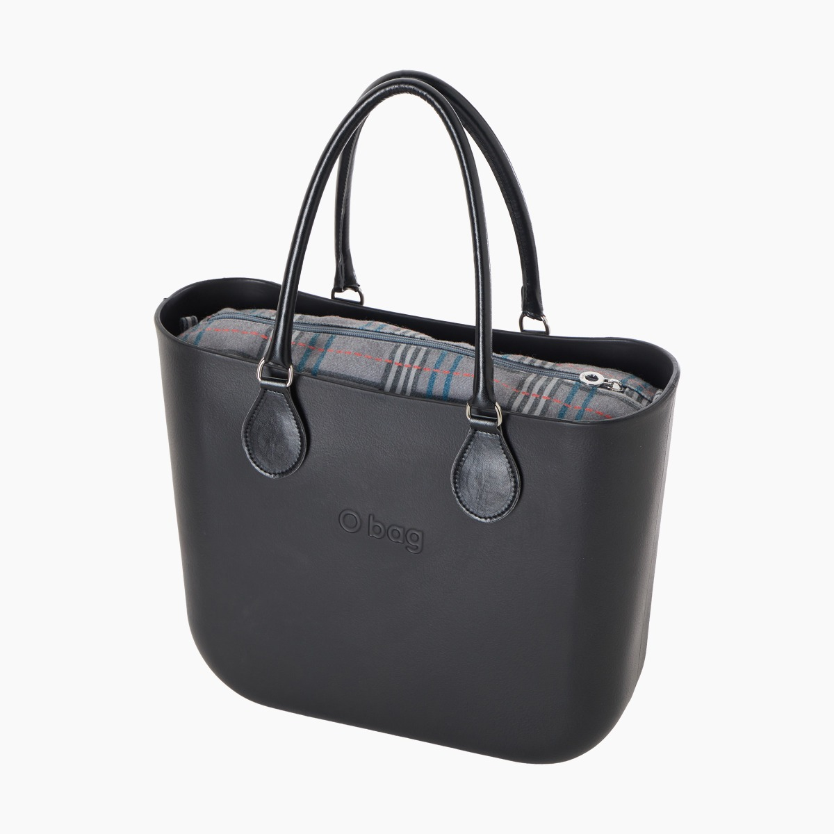 O bag con asa midi con aro y bolsa de tejido escocés oscuro - O bag Official Website