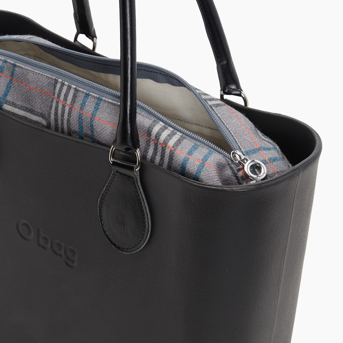 O bag con asa midi con aro y bolsa de tejido escocés oscuro - O bag Official Website