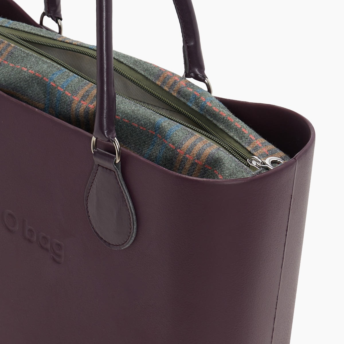 O bag con asa midi con aro y bolsa de tejido escocés - O bag Official Website