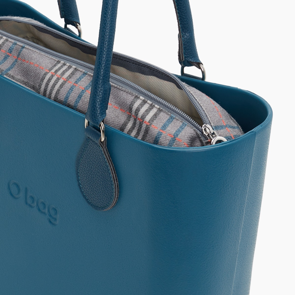 O bag con asas midi con aro y bolsa de tejido escocés oscuro - O bag Official Website
