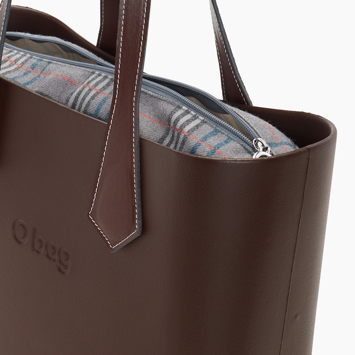 O bag con asa larga en punta y bolsa de tejido escocés oscuro - O bag Official Website