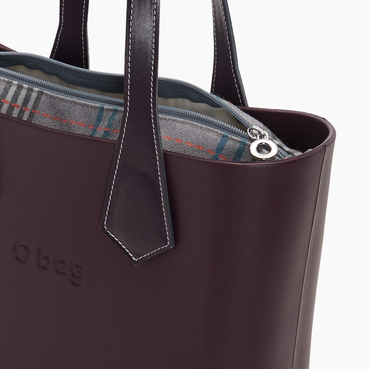 O bag mini con asa larga en punta y bolsa de tejido escocés oscuro - O bag Official Website