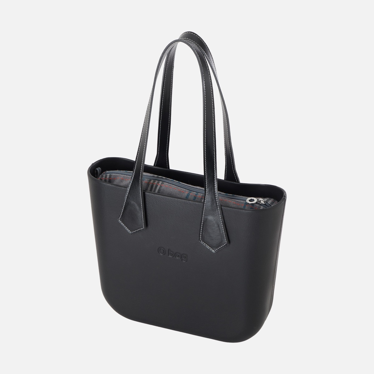 O bag mini con asa larga en punta y bolsa de tejido escocés oscuro - O bag Official Website