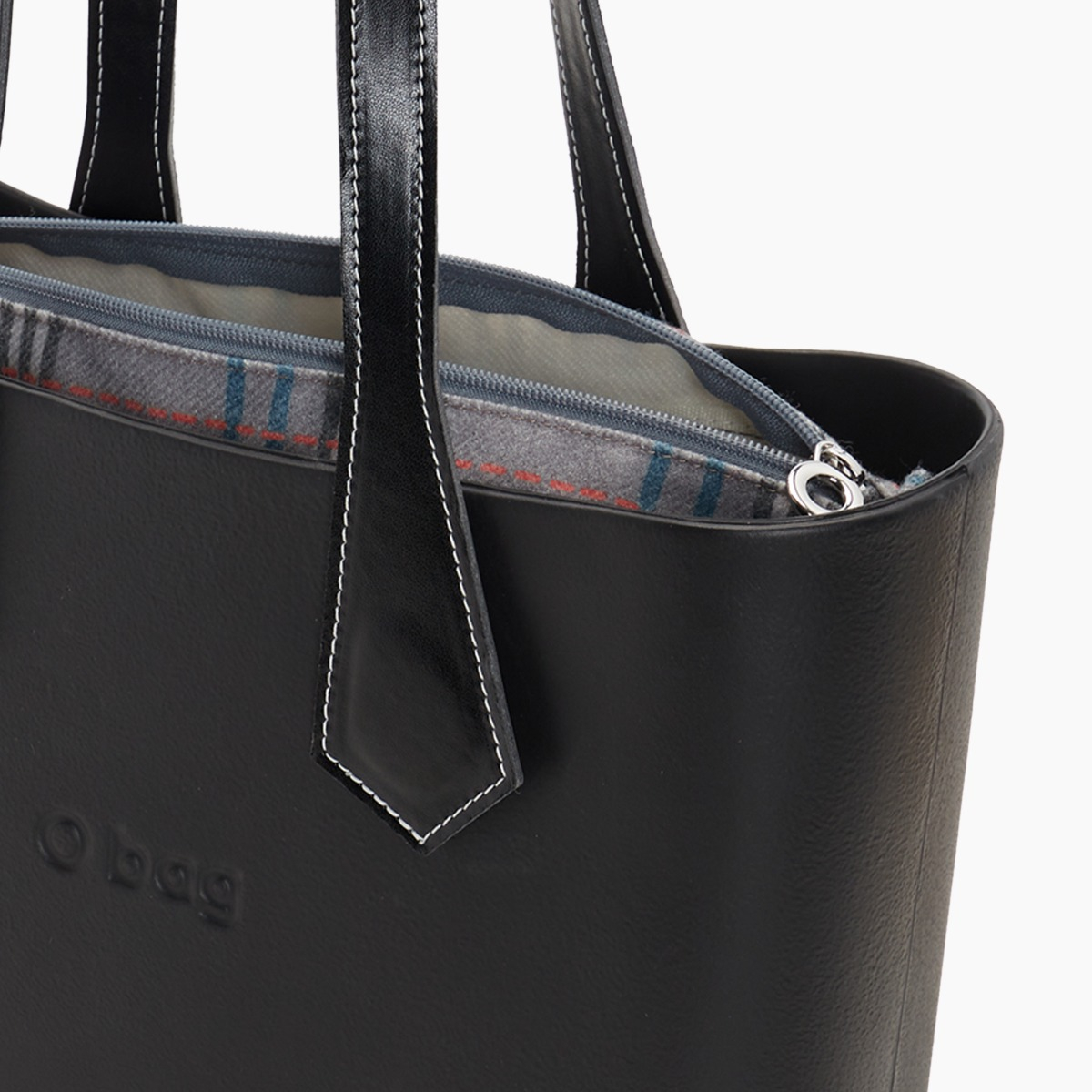 O bag mini con asa larga en punta y bolsa de tejido escocés oscuro - O bag Official Website