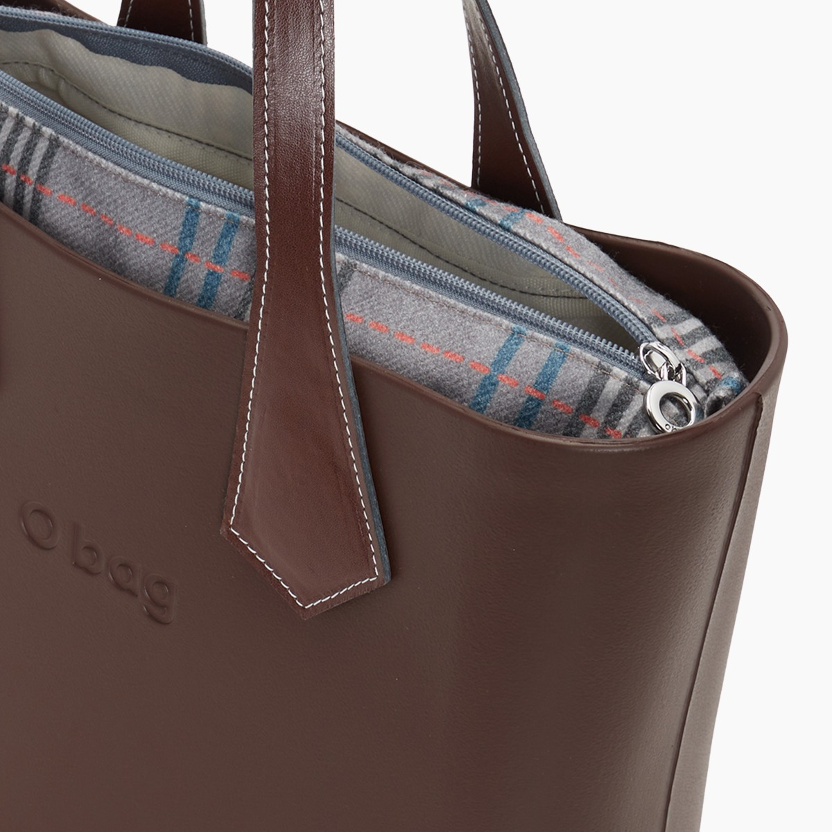 O bag mini con asa corta en punta y bolsa de tejido escocés oscuro - O bag Official Website