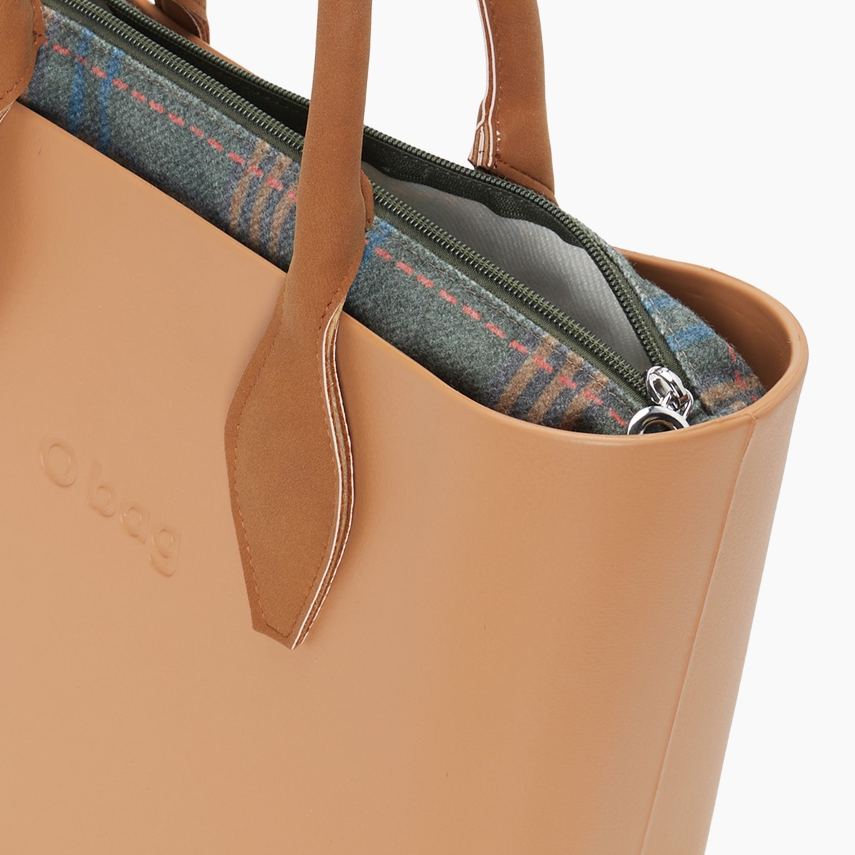 O bag mini con asa corta en rombo y bolsa de tejido escocés - O bag Official Website